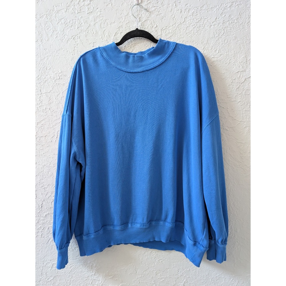 We The Free Palm Springs Pullover Womens S 100% Cotton Blue Mock Neck Oversized